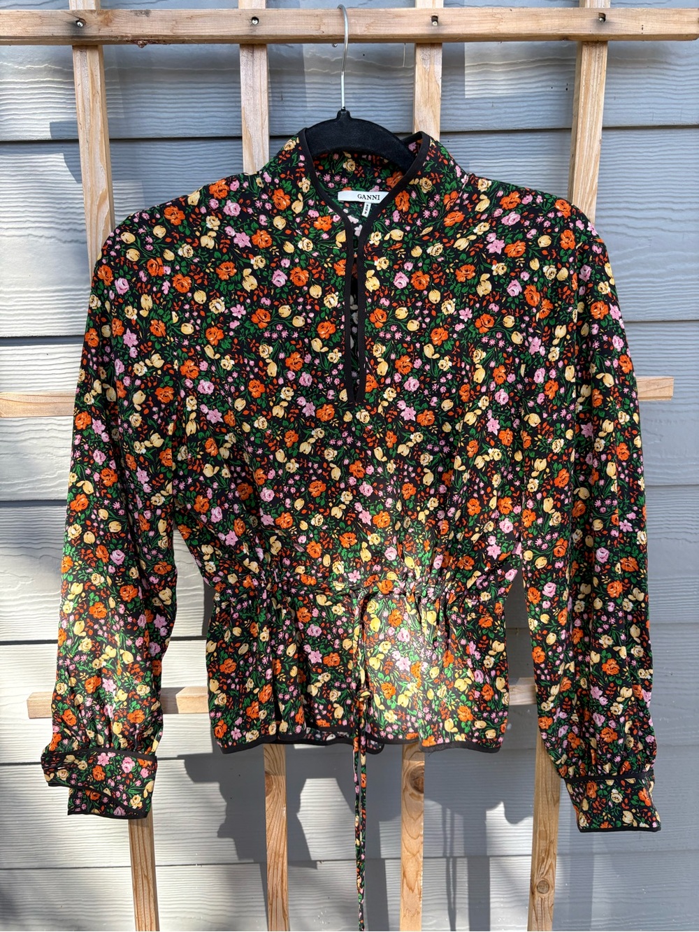 Ganni Black Floral Blouse with Orange, Yellow and Pink Flowers